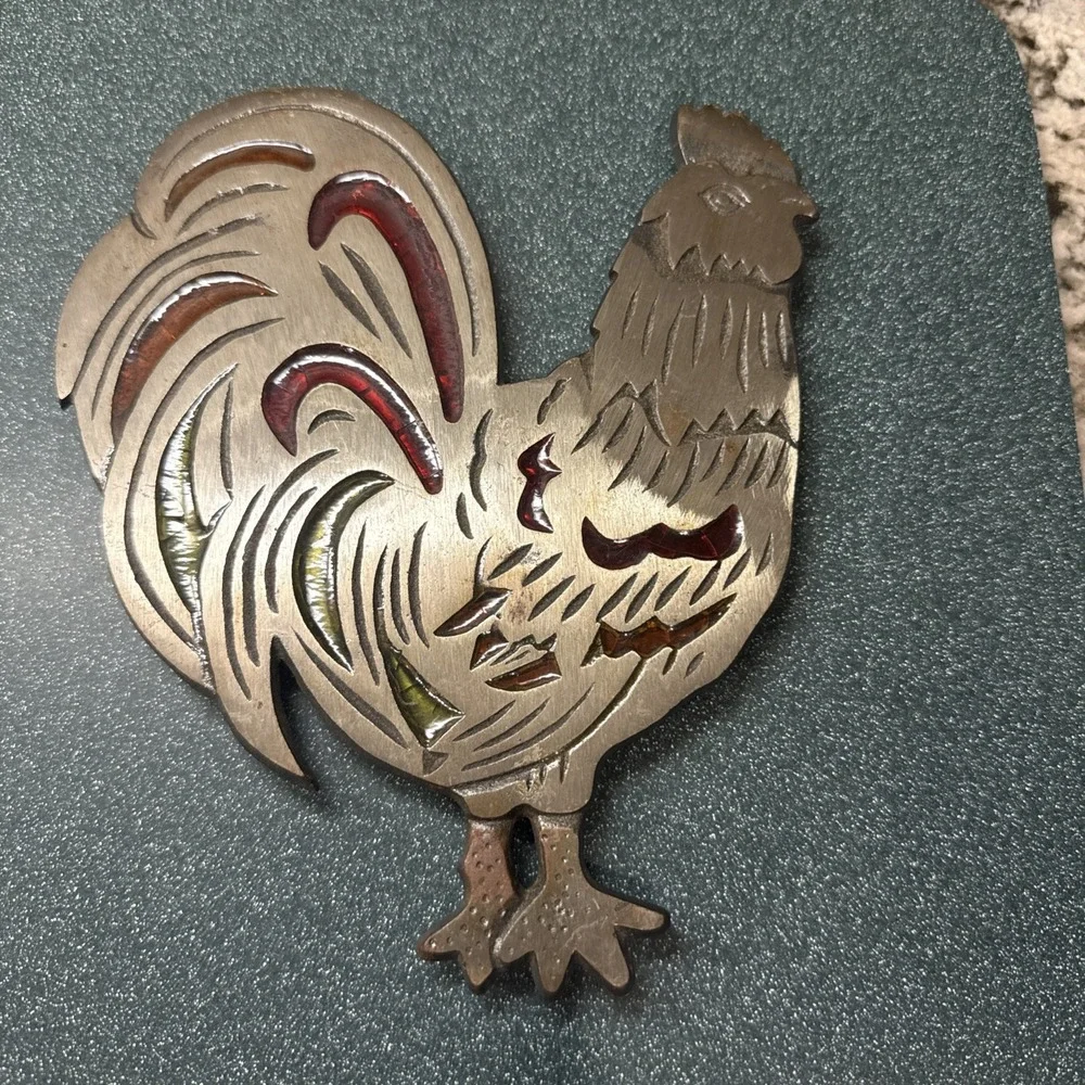Vintage 1983 Cast Iron + Crackle Stain Glass Rooster Trivet Made InTAIWAN